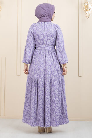 Şal Desen Kemerli Tesettür Elbise Lila - Thumbnail