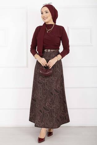 Şal Desen Scuba Etek Bordo - Thumbnail