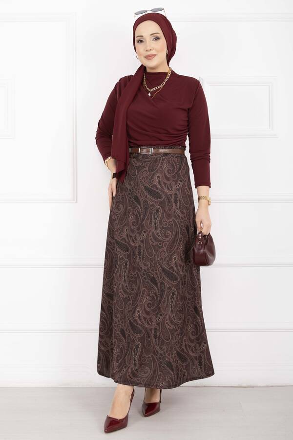 Mds - Şal Desen Scuba Etek Bordo