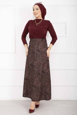 Şal Desen Scuba Etek Bordo - Thumbnail