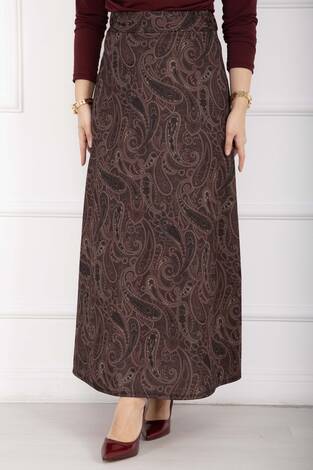 Şal Desen Scuba Etek Bordo - Thumbnail