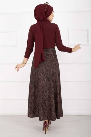 Şal Desen Scuba Etek Bordo - Thumbnail