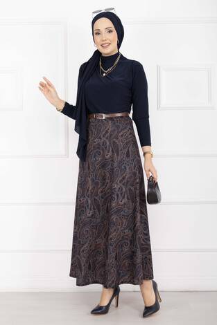 Şal Desen Scuba Etek Lacivert - Thumbnail