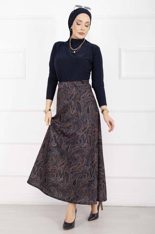 Şal Desen Scuba Etek Lacivert - Thumbnail