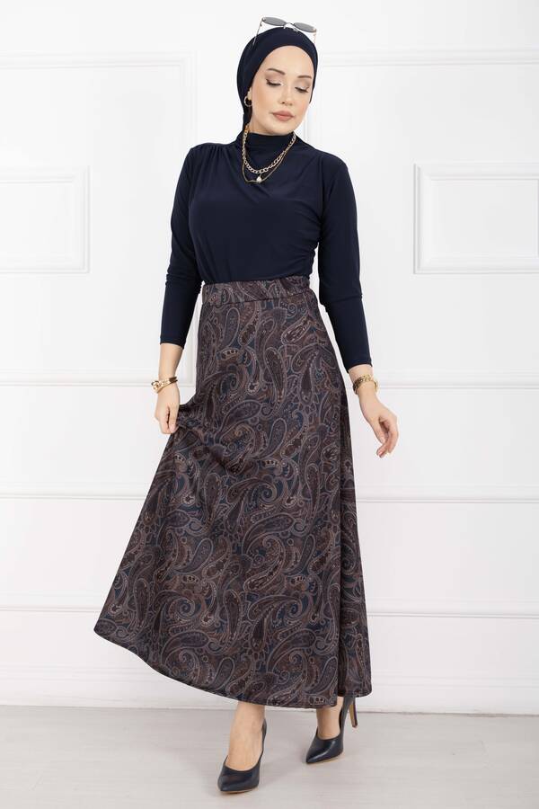 Mds - Şal Desen Scuba Etek Lacivert