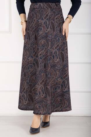 Şal Desen Scuba Etek Lacivert - Thumbnail