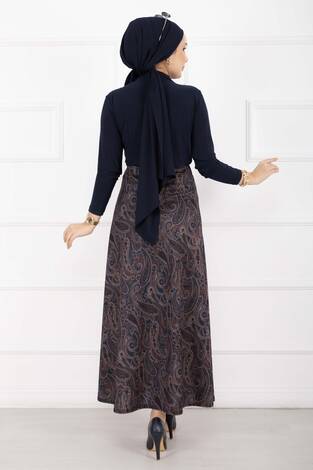 Şal Desen Scuba Etek Lacivert - Thumbnail