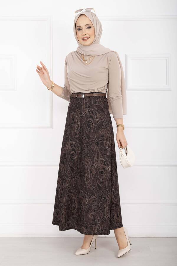 Mds - Şal Desen Scuba Etek Siyah