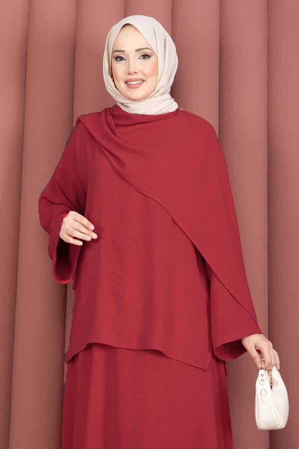 Zmr - Şal Detaylı Etekli Üçlü Takım Kırmızı (1)