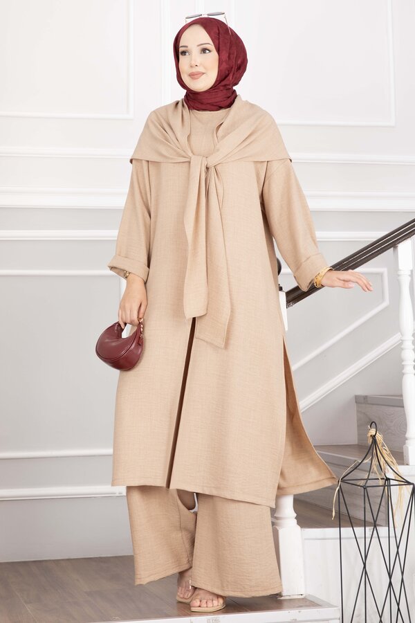 Şal Detaylı Yırtmaçlı Üçlü Takım Camel - 4