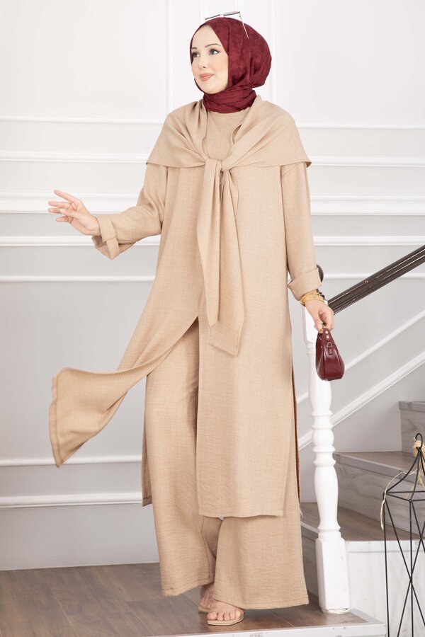 Şal Detaylı Yırtmaçlı Üçlü Takım Camel - 3