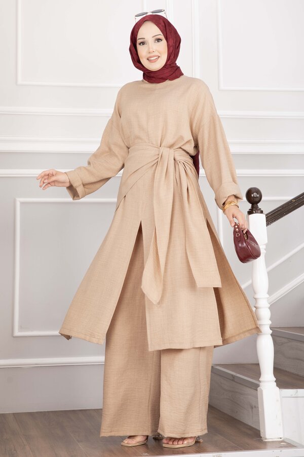 Şal Detaylı Yırtmaçlı Üçlü Takım Camel - 5