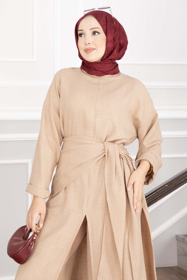 Efl - Şal Detaylı Yırtmaçlı Üçlü Takım Camel (1)