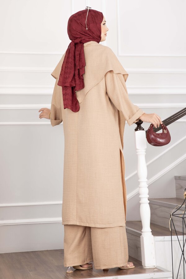 Şal Detaylı Yırtmaçlı Üçlü Takım Camel - 6