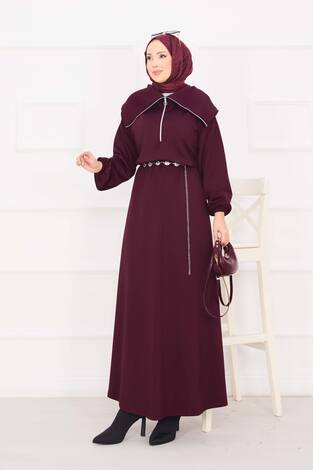 Şal Yaka Beli Büzgülü Zincir Kemerli Tesettür Elbise Bordo - Thumbnail