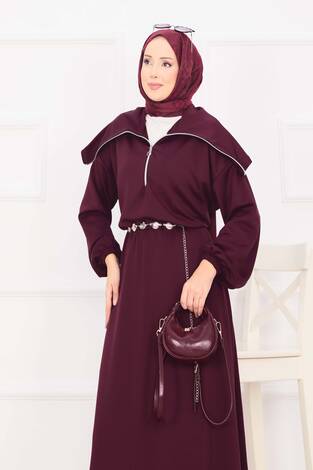 Şal Yaka Beli Büzgülü Zincir Kemerli Tesettür Elbise Bordo - Thumbnail