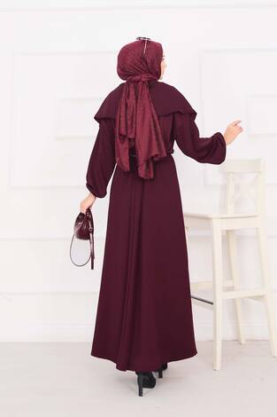 Şal Yaka Beli Büzgülü Zincir Kemerli Tesettür Elbise Bordo - Thumbnail