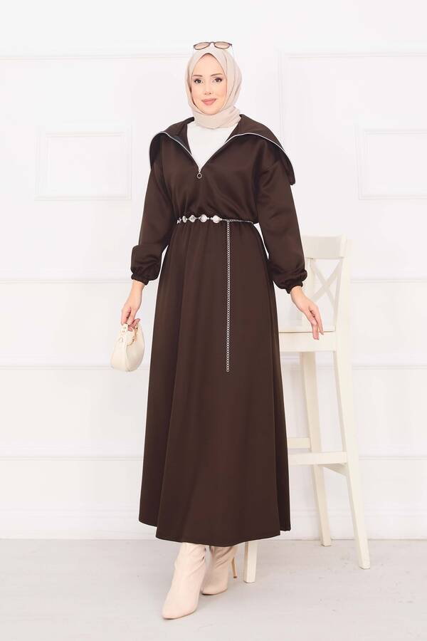 Efl - Şal Yaka Beli Büzgülü Zincir Kemerli Tesettür Elbise Kahve