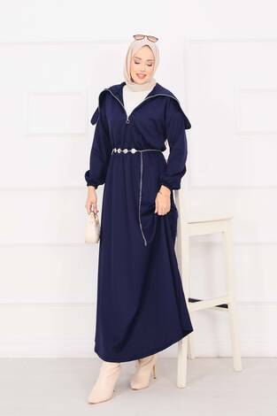 Şal Yaka Beli Büzgülü Zincir Kemerli Tesettür Elbise Lacivert - Thumbnail