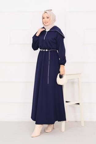 Şal Yaka Beli Büzgülü Zincir Kemerli Tesettür Elbise Lacivert - Thumbnail