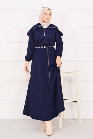 Şal Yaka Beli Büzgülü Zincir Kemerli Tesettür Elbise Lacivert - Thumbnail