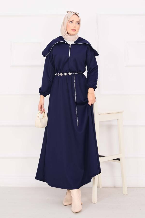 Efl - Şal Yaka Beli Büzgülü Zincir Kemerli Tesettür Elbise Lacivert