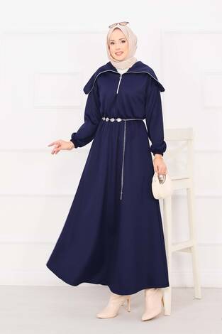 Şal Yaka Beli Büzgülü Zincir Kemerli Tesettür Elbise Lacivert - Thumbnail