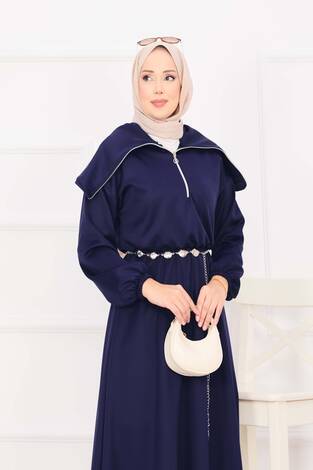 Şal Yaka Beli Büzgülü Zincir Kemerli Tesettür Elbise Lacivert - Thumbnail