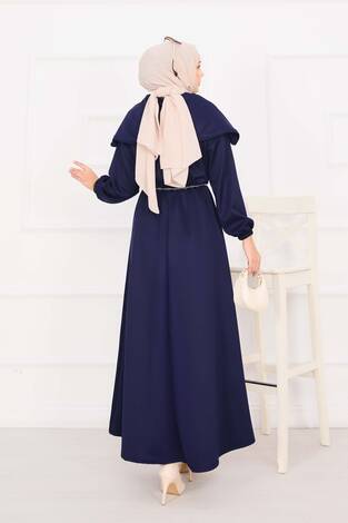 Şal Yaka Beli Büzgülü Zincir Kemerli Tesettür Elbise Lacivert - Thumbnail