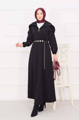 Şal Yaka Beli Büzgülü Zincir Kemerli Tesettür Elbise Siyah - Thumbnail