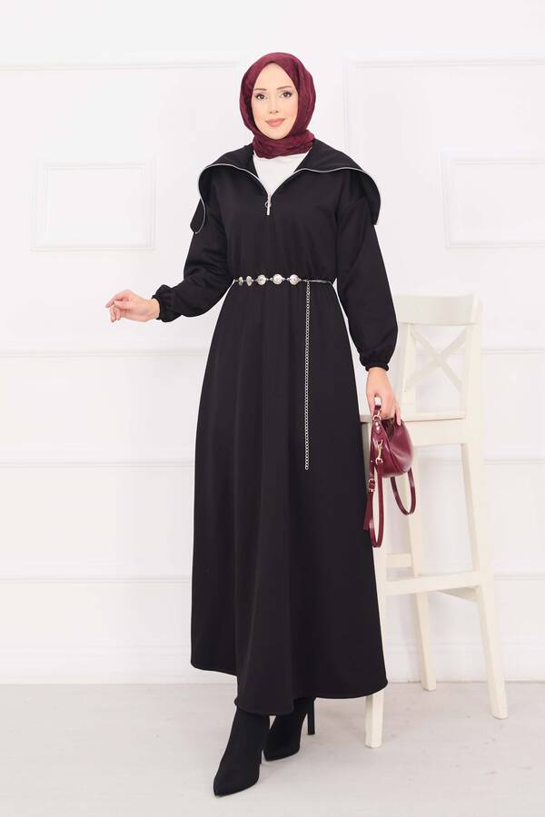 Efl - Şal Yaka Beli Büzgülü Zincir Kemerli Tesettür Elbise Siyah