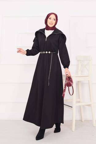 Şal Yaka Beli Büzgülü Zincir Kemerli Tesettür Elbise Siyah - Thumbnail