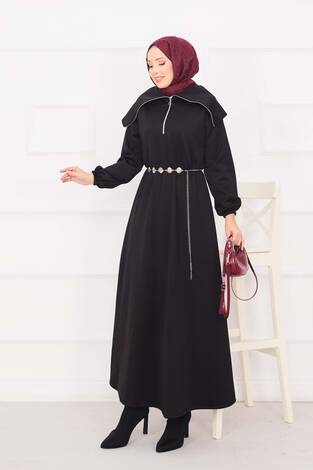 Şal Yaka Beli Büzgülü Zincir Kemerli Tesettür Elbise Siyah - Thumbnail