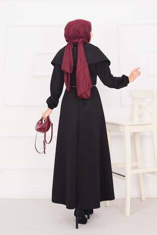 Şal Yaka Beli Büzgülü Zincir Kemerli Tesettür Elbise Siyah - Thumbnail