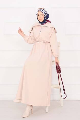 Şal Yaka Beli Büzgülü Zincir Kemerli Tesettür Elbise Taş - Thumbnail