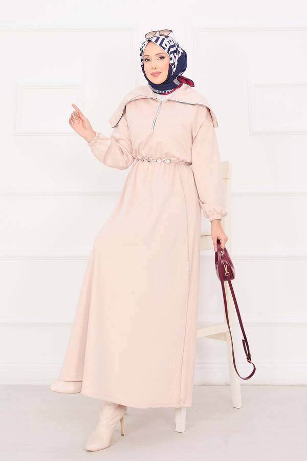 Efl - Şal Yaka Beli Büzgülü Zincir Kemerli Tesettür Elbise Taş
