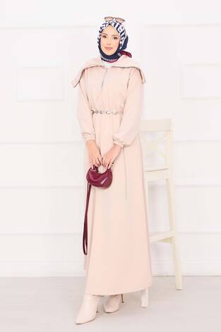 Şal Yaka Beli Büzgülü Zincir Kemerli Tesettür Elbise Taş - Thumbnail