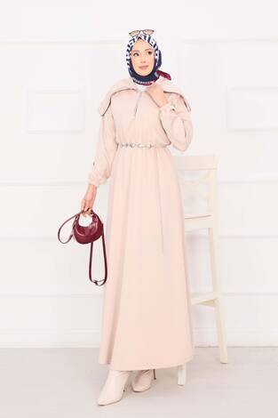 Şal Yaka Beli Büzgülü Zincir Kemerli Tesettür Elbise Taş - Thumbnail