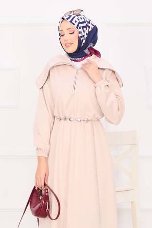 Şal Yaka Beli Büzgülü Zincir Kemerli Tesettür Elbise Taş - Thumbnail