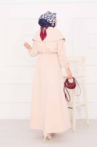 Şal Yaka Beli Büzgülü Zincir Kemerli Tesettür Elbise Taş - Thumbnail