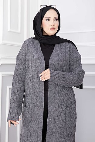 Şal Yaka Cepli Uzun Triko Hırka Antrasit - 2