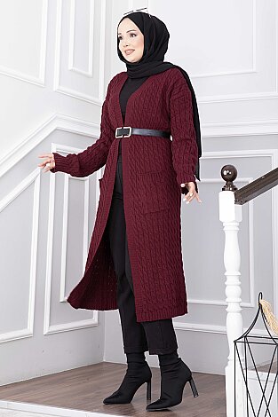 Şal Yaka Cepli Uzun Triko Hırka Bordo - 3