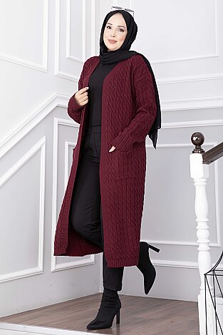 Şal Yaka Cepli Uzun Triko Hırka Bordo - 1