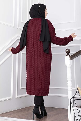 Şal Yaka Cepli Uzun Triko Hırka Bordo - 4