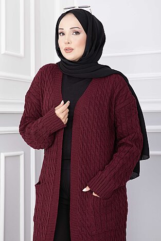 Şal Yaka Cepli Uzun Triko Hırka Bordo - 2