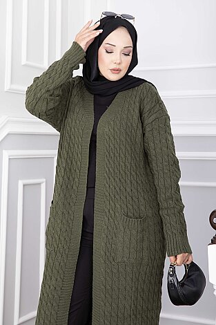 Şal Yaka Cepli Uzun Triko Hırka Haki - 2