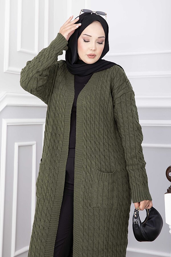 Şal Yaka Cepli Uzun Triko Hırka Haki (1)