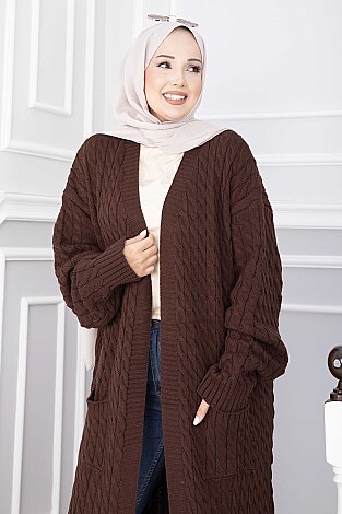 Şal Yaka Cepli Uzun Triko Hırka Kahve - 2