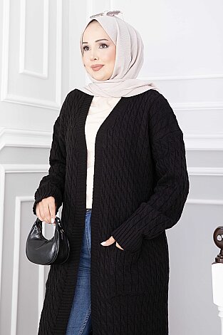 Şal Yaka Cepli Uzun Triko Hırka Siyah - 2