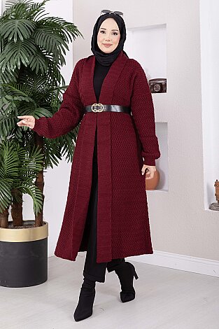 Şal Yaka Desenli Uzun Triko Hırka Bordo 
